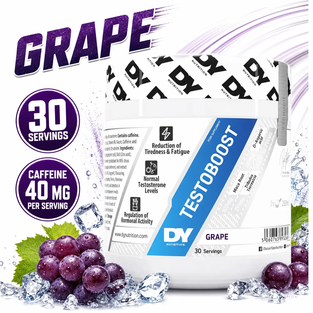 Dorian Yates Metabolic Testoboost grape-flavoured supplement powder, 30 servings, shown in a white tub with blue and purple label.