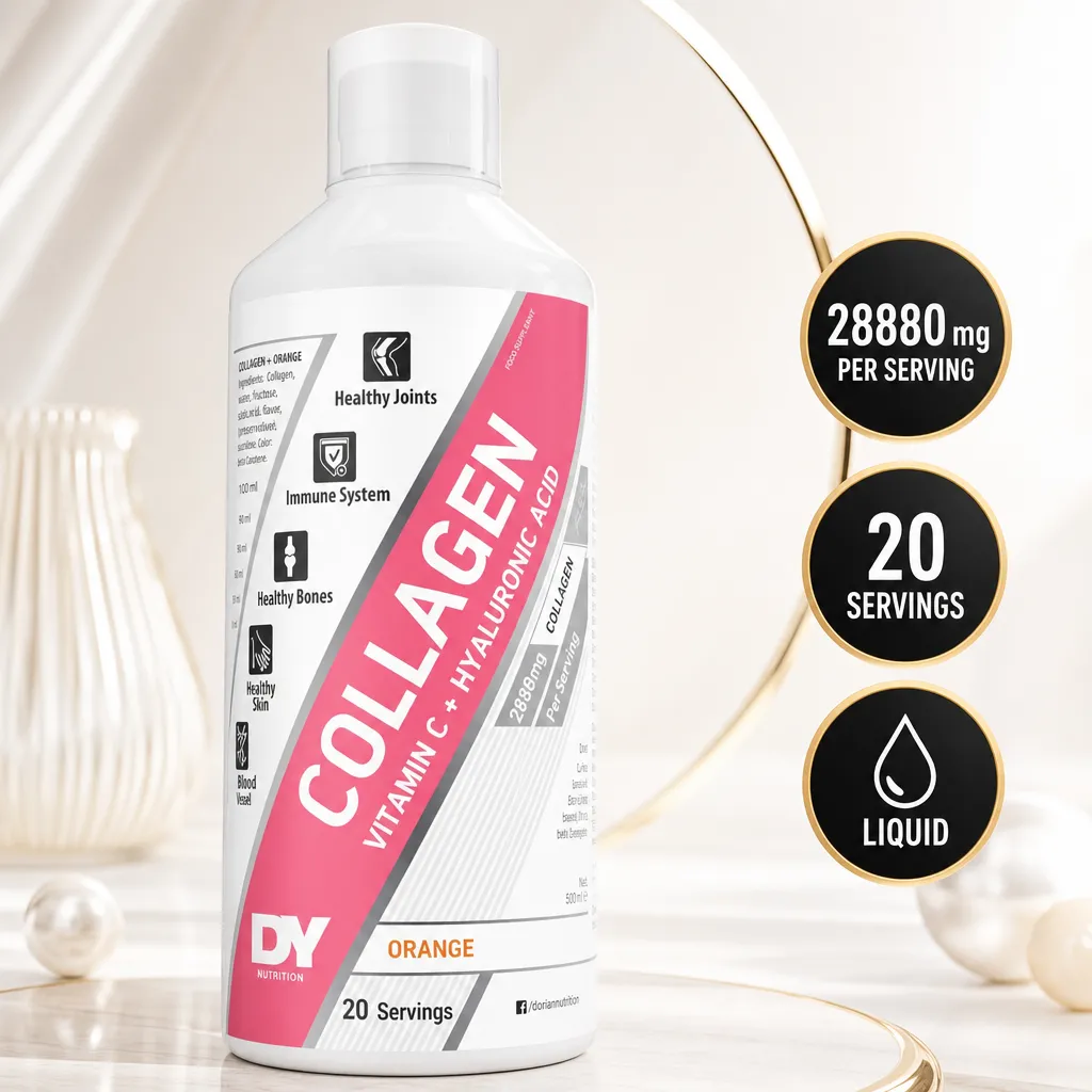 Dorian Yates Collagen + Vitamin C + Hyaluronic Acid Liquid, orange flavour, 20 servings in a white bottle
