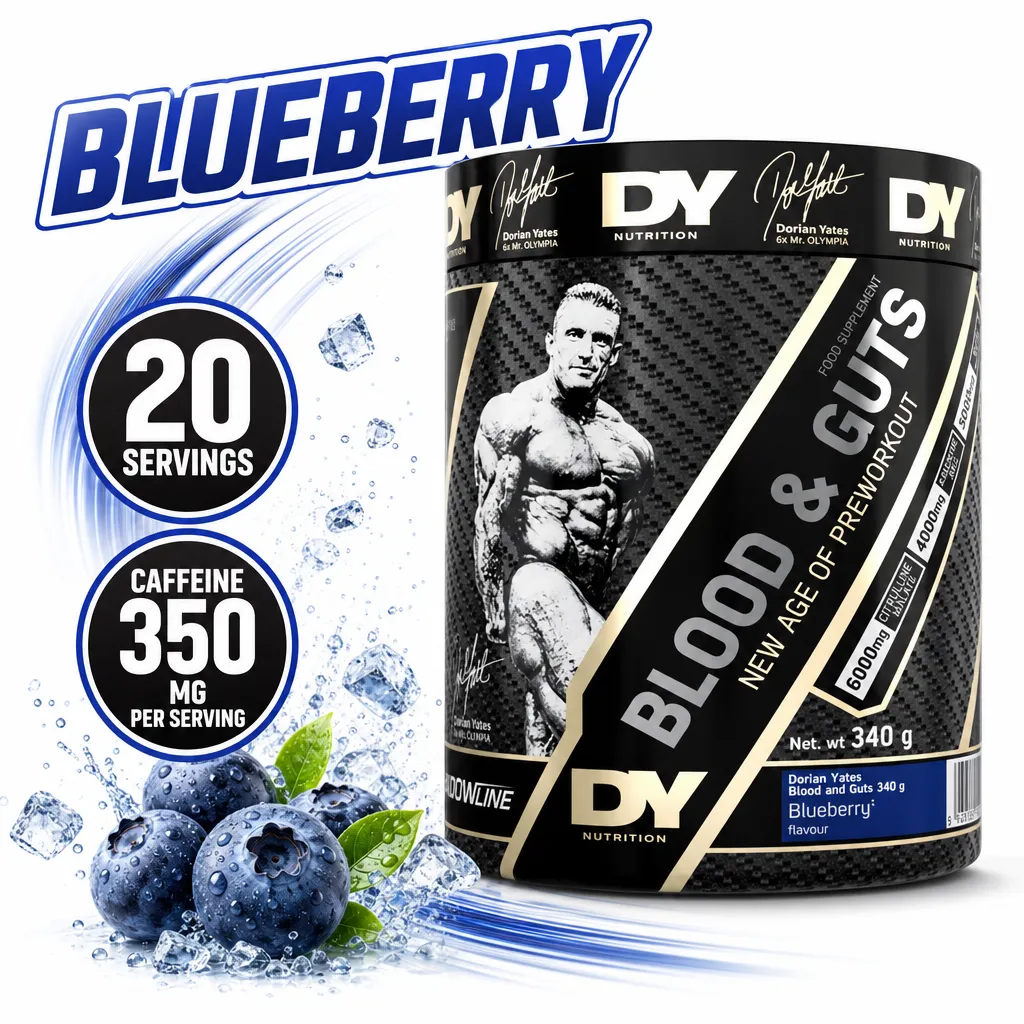 Dorian Yates Blood & Guts pre-workout supplement in blueberry flavour, with 20 servings and 350 mg caffeine per serving