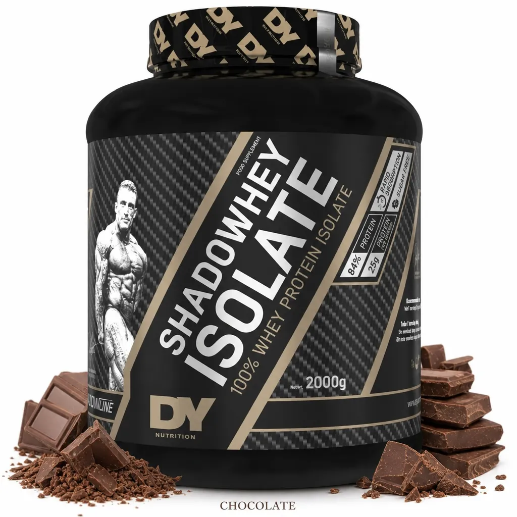 Dorian Yates Shadowhey Isolate 2000g chocolate whey protein isolate supplement with high purity, 26g protein per serving, and chocolate flavour.