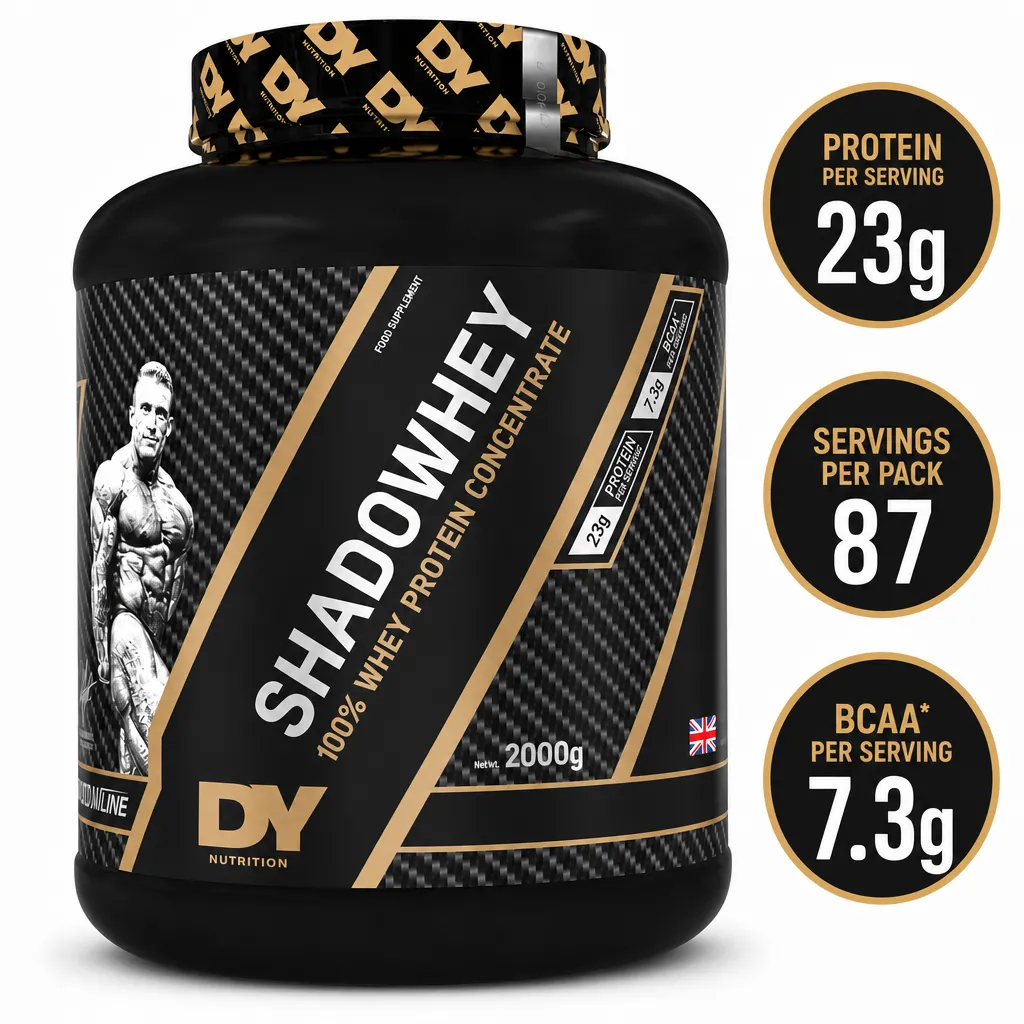 Dorian Yates Shadowhey 2000g whey protein supplement in a black and gold tub with 23g protein per serving