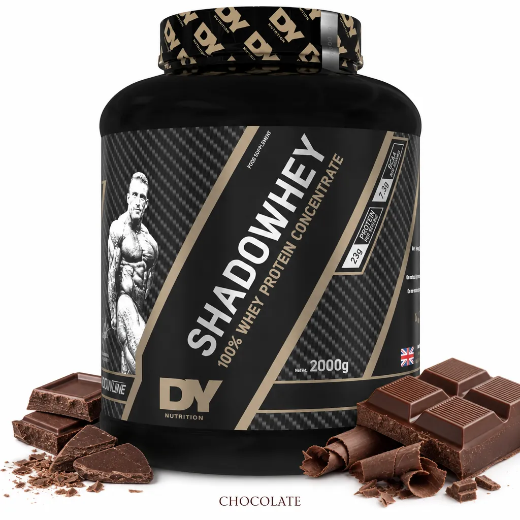 Dorian Yates Shadowhey 2000g chocolate whey protein powder, featuring a premium protein blend for muscle growth and recovery, in a large black container.