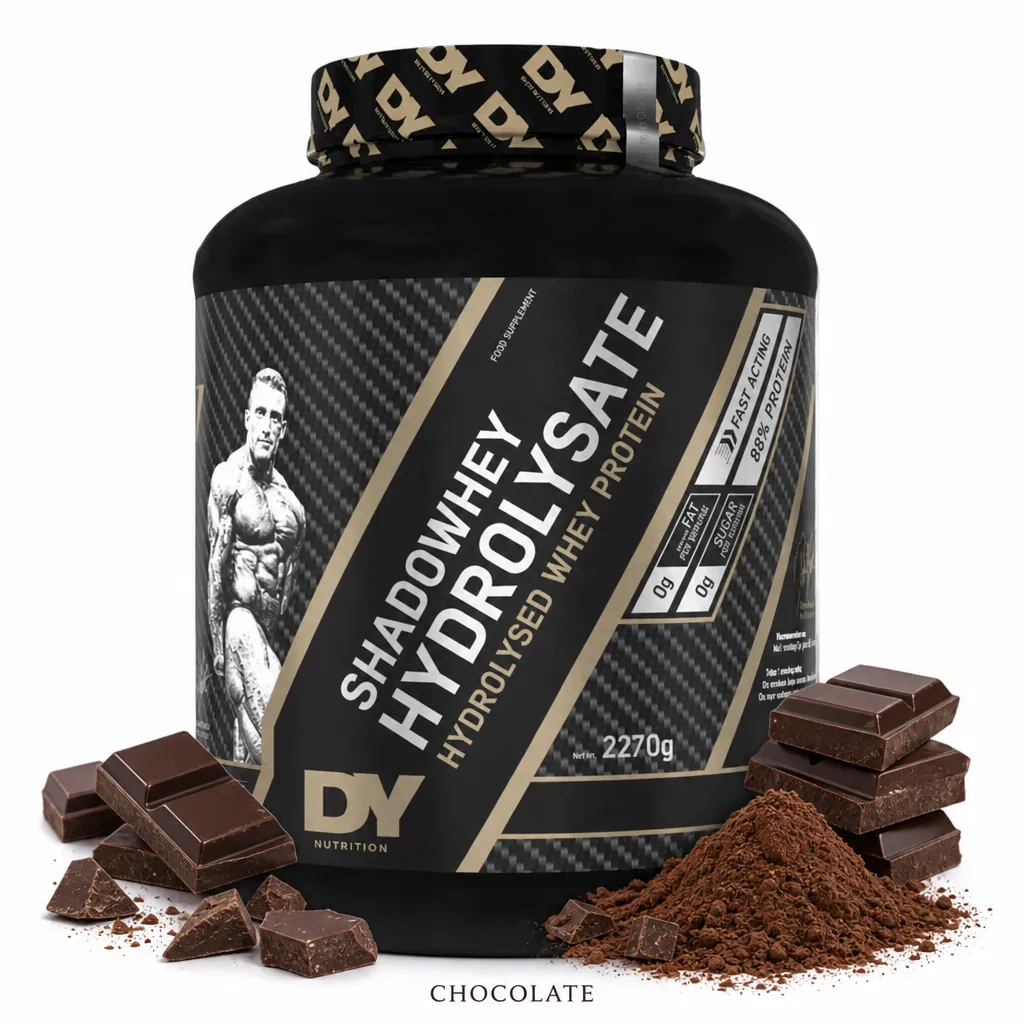 Dorian Yates Shadowhey Hydrolysate 2270g chocolate flavour hydrolysed whey protein powder, featuring fast-absorbing protein isolate for muscle recovery, shown with chocolate pieces and powder.