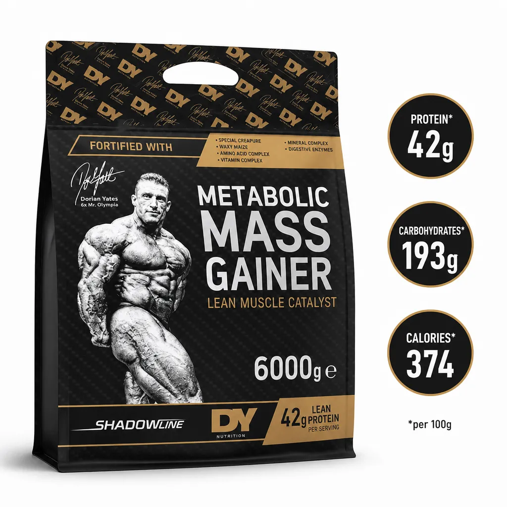 Dorian Yates Metabolic Mass 6000g mass gainer supplement in a black and gold bag, providing 42g protein per serving