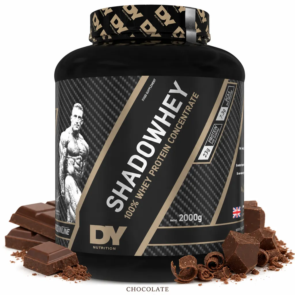 Dorian Yates Shadowhey 2000g chocolate whey protein powder, featuring a premium blend of concentrate, isolate, and hydrolysed isolate for muscle growth and recovery.