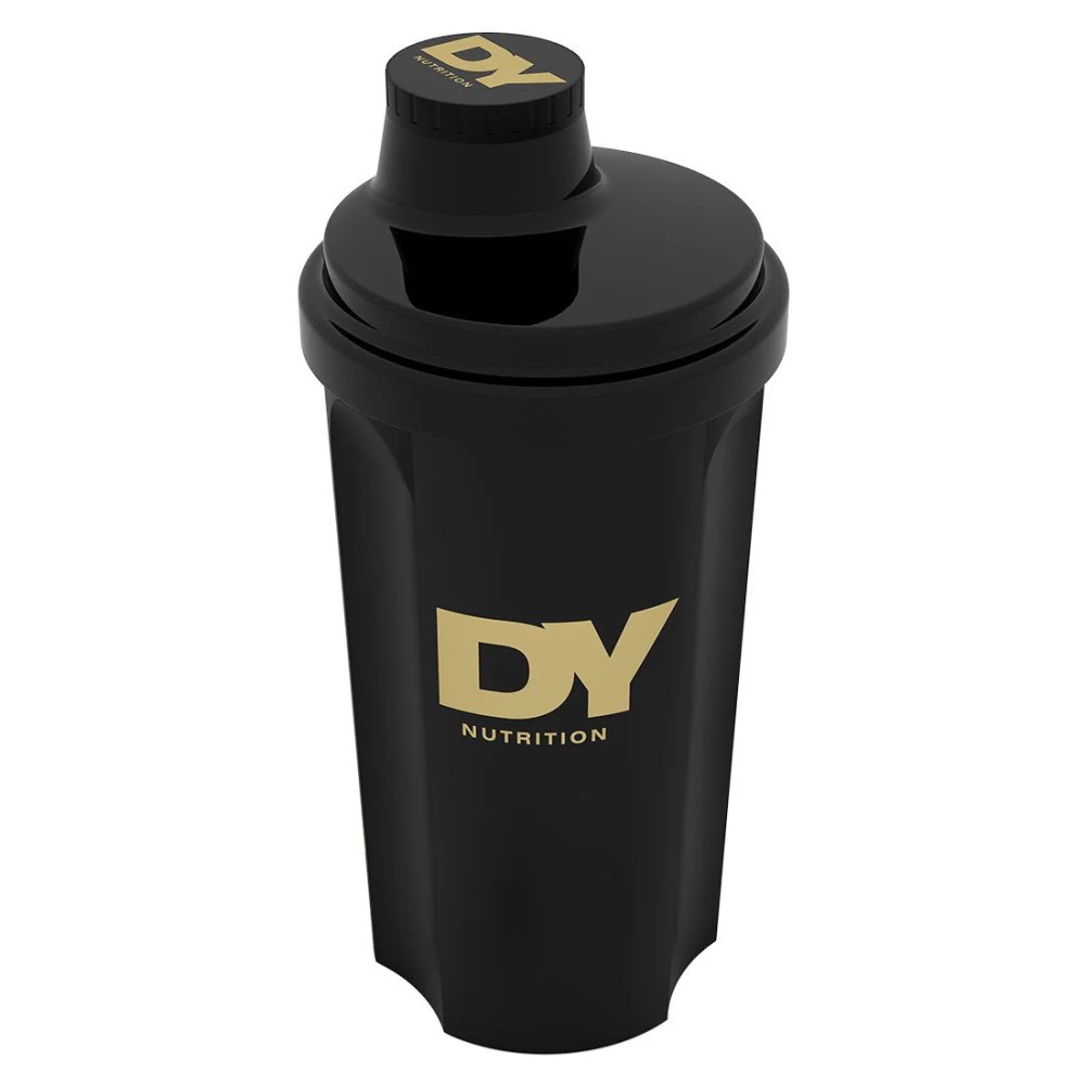 DY Nutrition Shaker 500ml black and gold protein shaker cup, featuring the DY Nutrition logo, suitable for mixing supplements and drinks.
