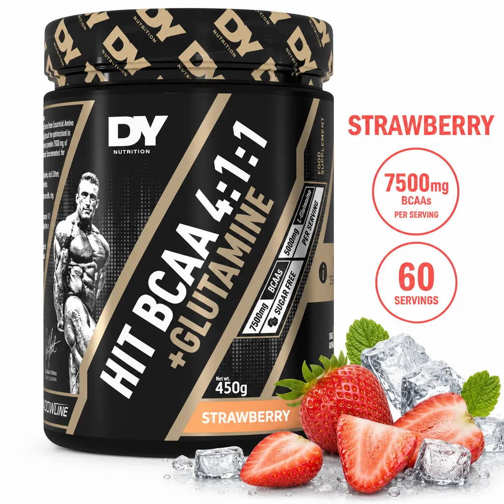 Dorian Yates HIT BCAA 4:1:1 + Glutamine 450g strawberry-flavoured amino acid powder in a black and gold tub, with 60 servings.