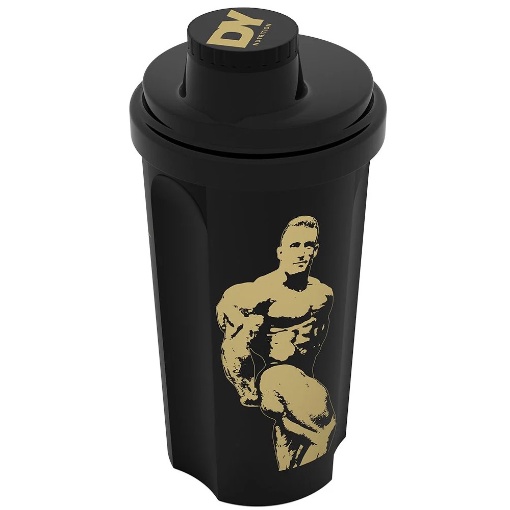 Dorian Yates Shaker 500ml black protein shaker with gold DY Nutrition logo and a gold illustration of a bodybuilder on the front. Durable and stylish for mixing supplements.