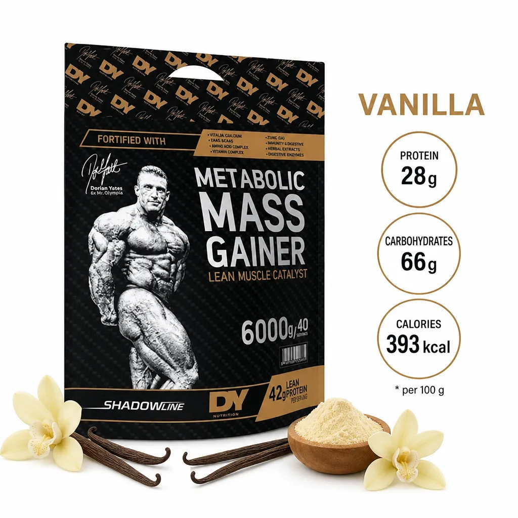 Dorian Yates Metabolic Mass 6000g vanilla mass gainer supplement with 42g protein per serving, high carbohydrates, and calories for muscle growth.