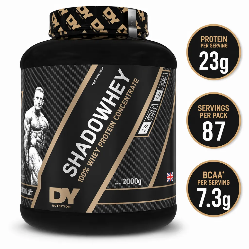 Dorian Yates Shadowhey 2000g whey protein powder in a black tub, with 23g protein per serving and 87 servings