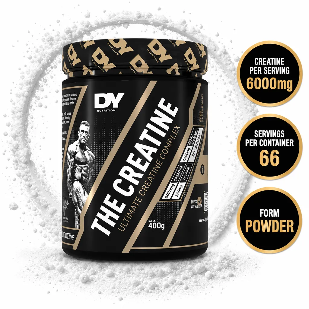Dorian Yates The Creatine 400g powder supplement in a black and gold tub, featuring 6000mg creatine per serving