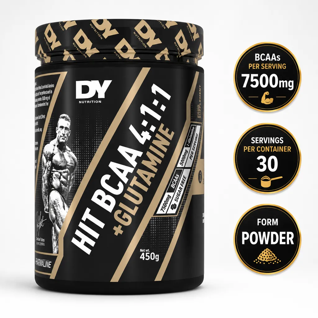 Dorian Yates HIT BCAA 4:1:1 + Glutamine 450g powder supplement in a black and gold tub with 30 servings