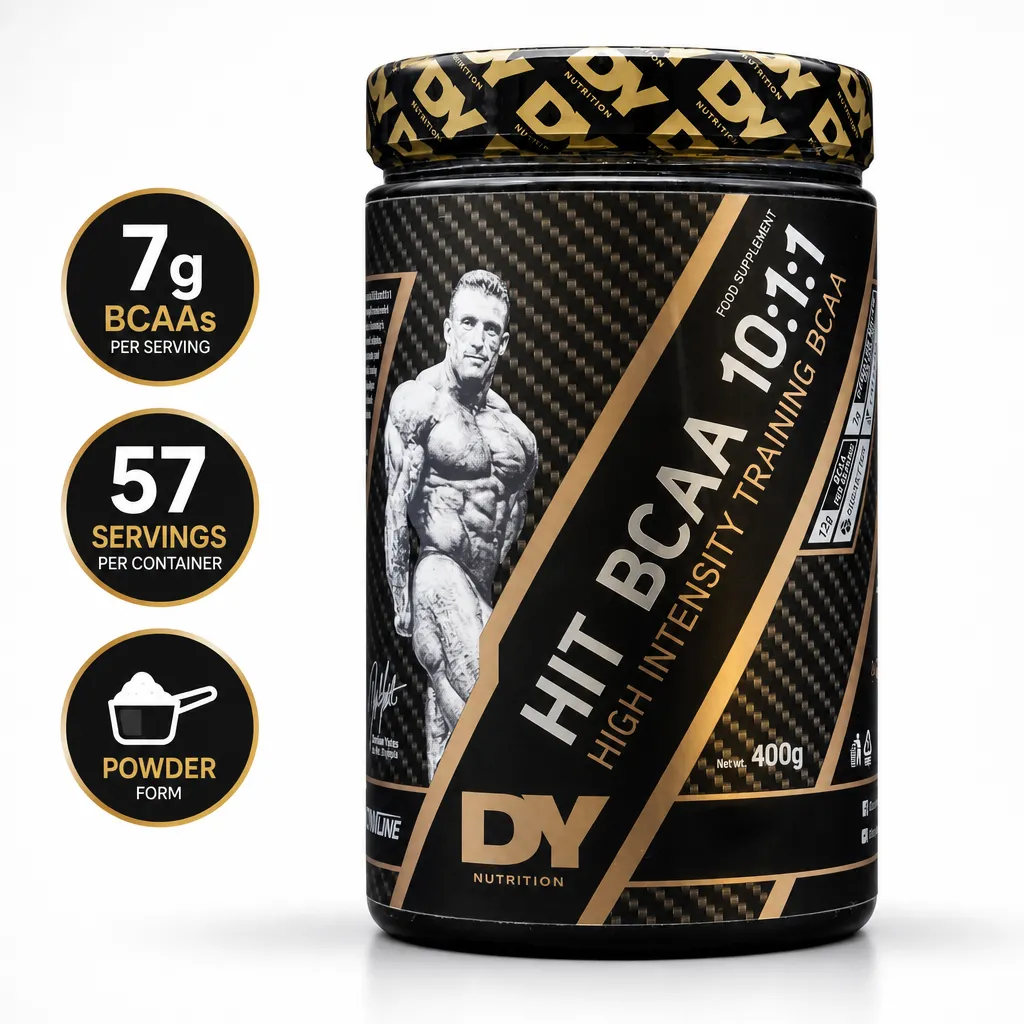 Dorian Yates HIT BCAA 10:1:1 400g powder supplement in a black and gold tub, with 7g BCAAs per serving
