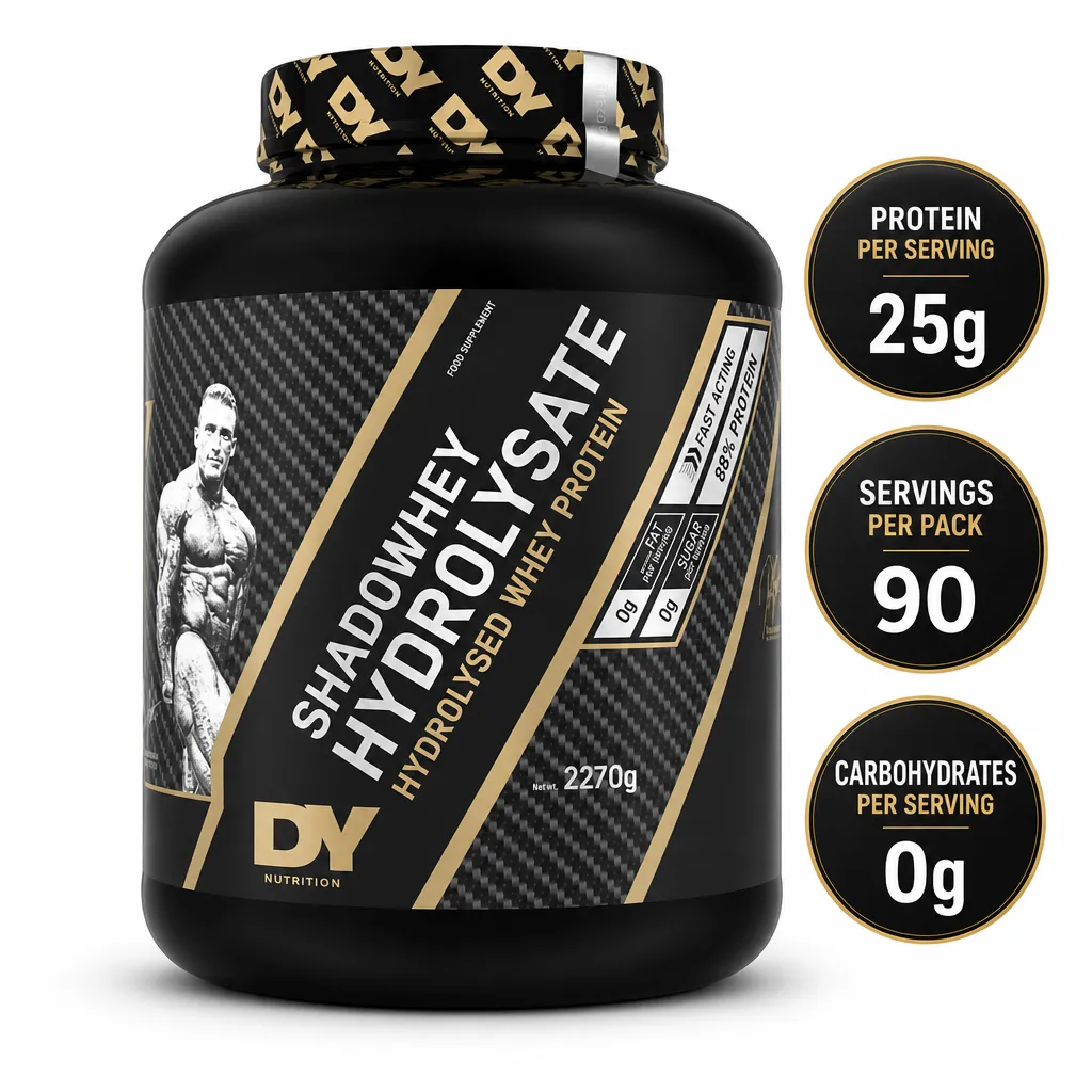 Dorian Yates Shadowhey Hydrolysate 2270g hydrolysed whey protein powder in a black and gold tub with 25g protein per serving