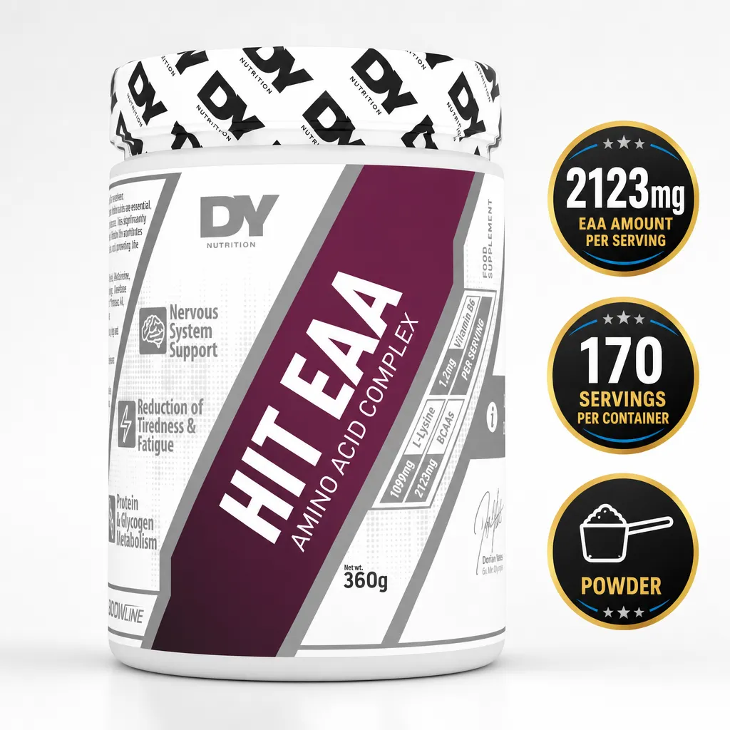 Dorian Yates HIT EAA Amino Acid Complex, 360g powdered essential amino acid supplement in a white tub with burgundy label