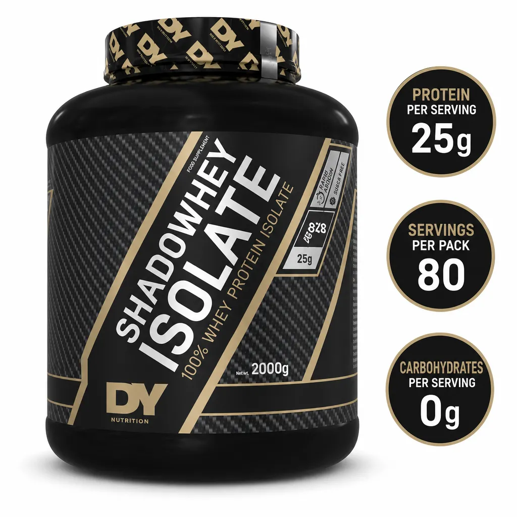 Dorian Yates Shadowhey Isolate whey protein powder in a black 2000g tub with 25g protein per serving