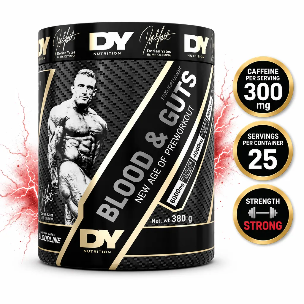 Dorian Yates Blood & Guts 380 g pre-workout supplement in a black tub with a bold bodybuilding design